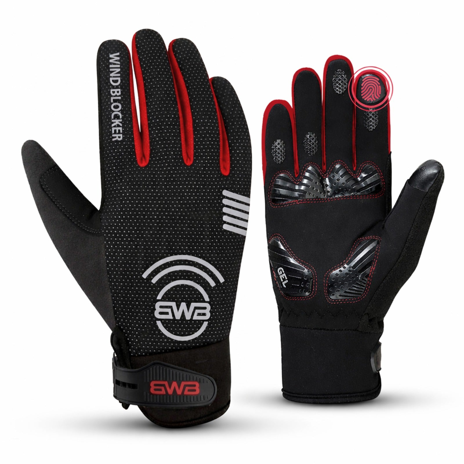BWB Full Finger Black / Red Unisex Gel Padded Winter Cycling Gloves