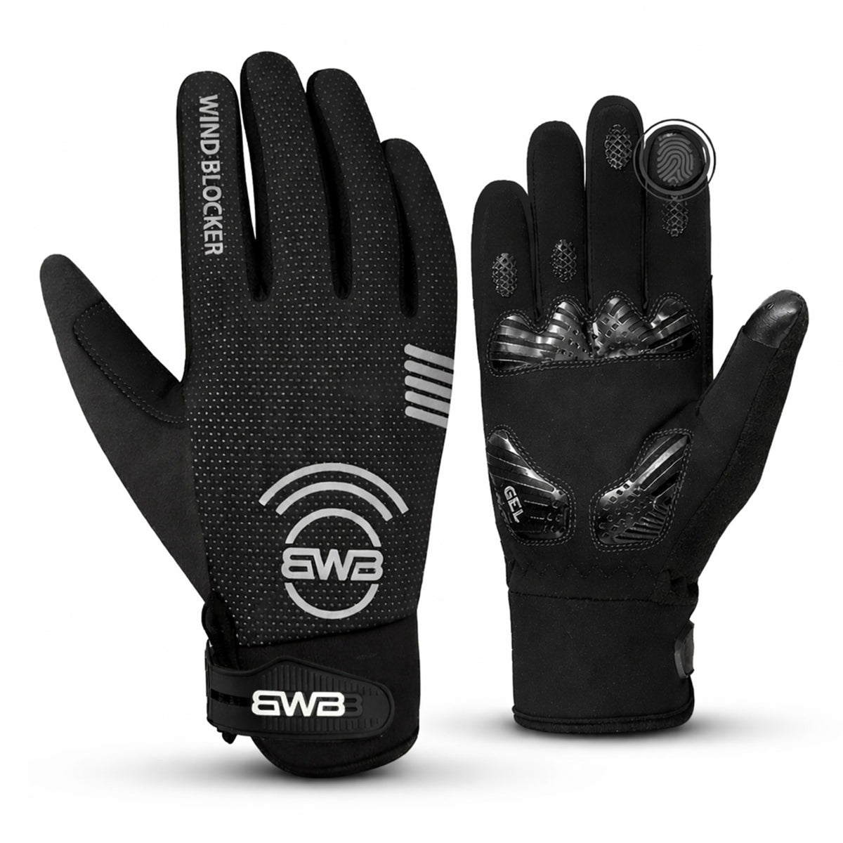 BWB Black Unisex Full Finger Gel Padded Winter Cycling Gloves