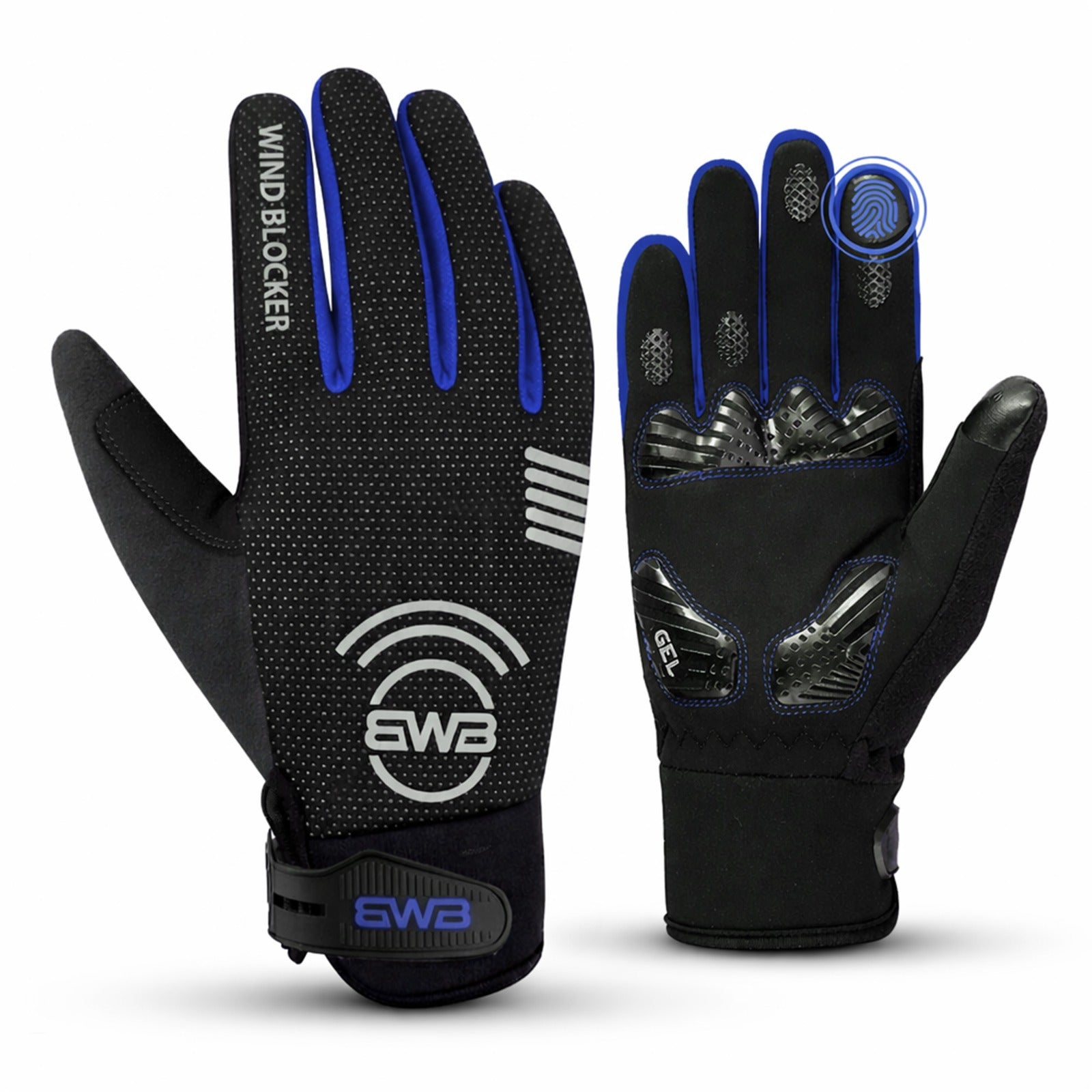 BWB Black / Blue Unisex Full Finger Gel Padded Winter Cycling Gloves