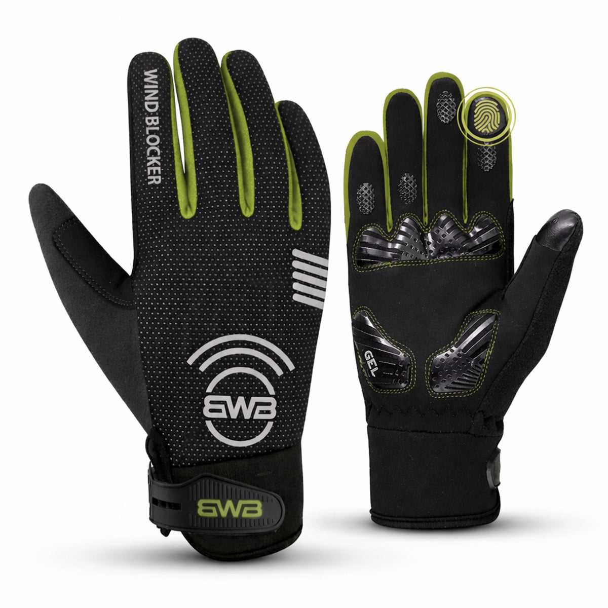 BWB Fluorescent Unisex Yellow Full Finger Gel Padded Winter Cycling Gloves