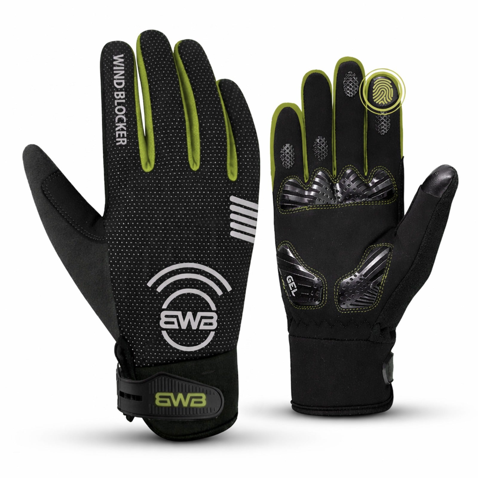 BWB Fluorescent Unisex Yellow Full Finger Gel Padded Winter Cycling Gloves