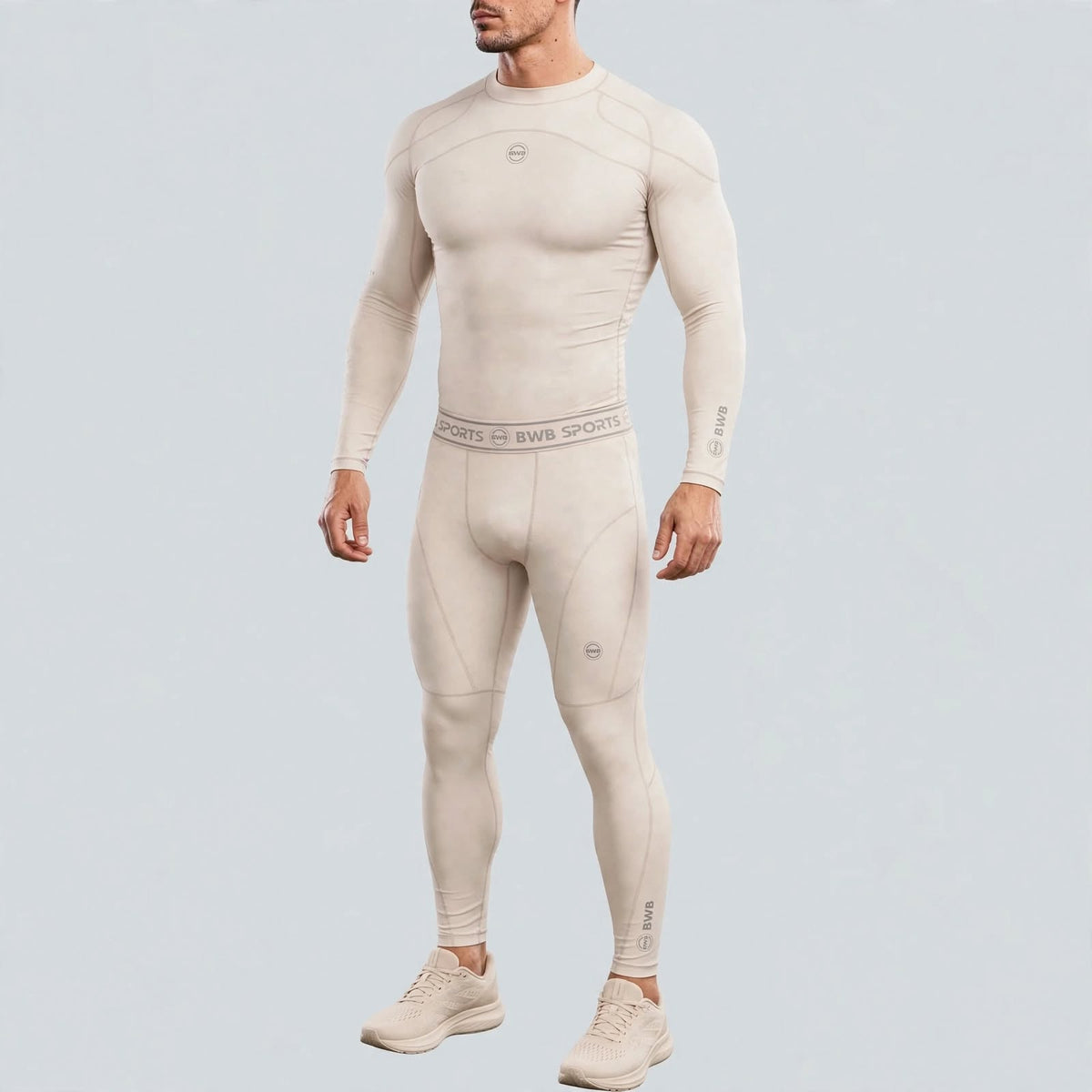 Men's Beige Long Sleeve Compression Shirt & Tights Bundle