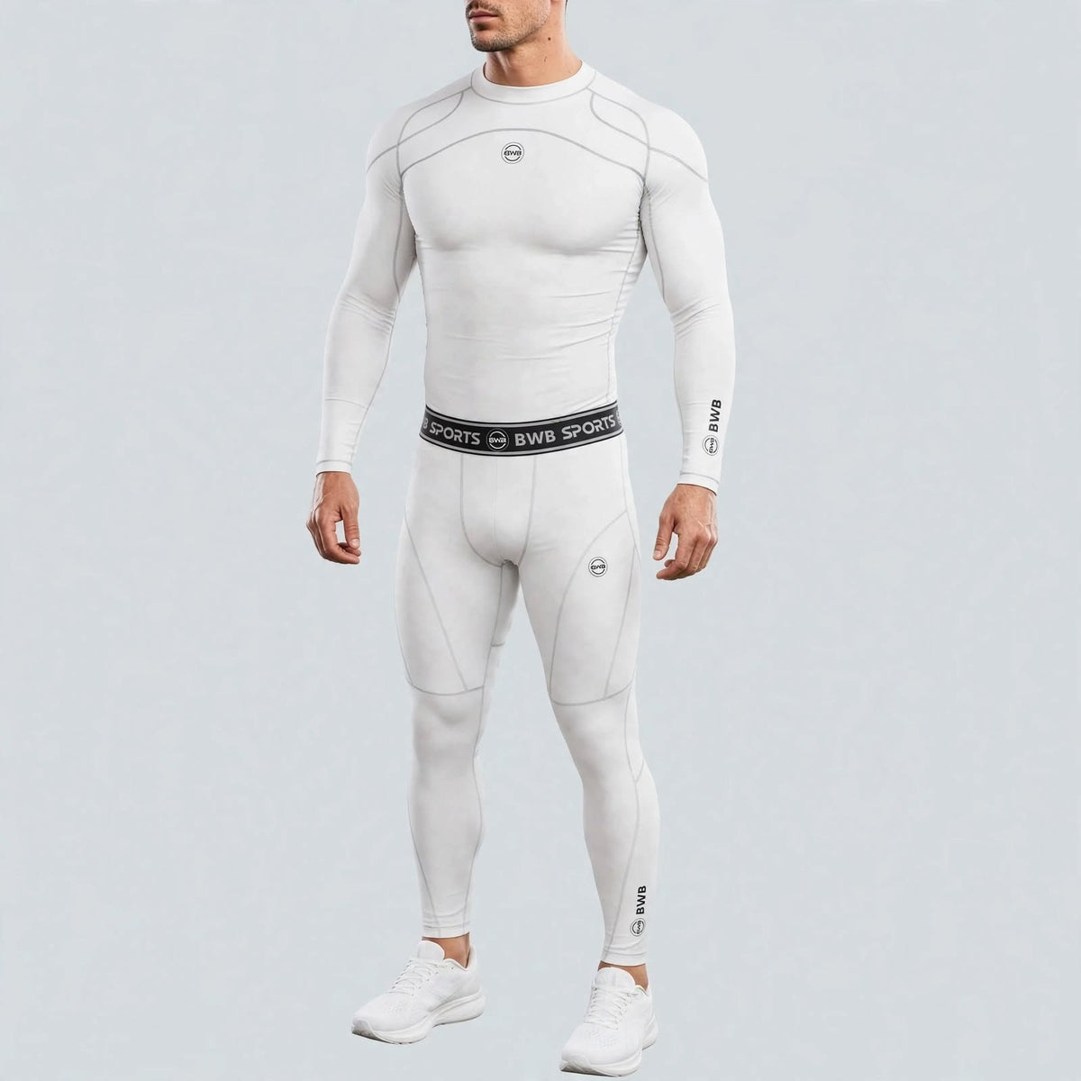 Men's White Long Sleeve Compression Shirt & Tights Bundle