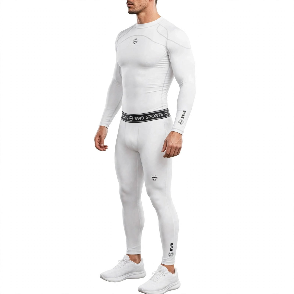 Men's White Long Sleeve Compression Shirt & Tights Bundle