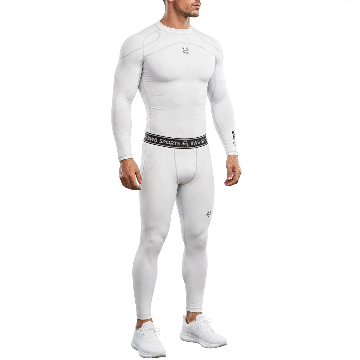 Men's White Long Sleeve Compression Shirt & Tights Bundle