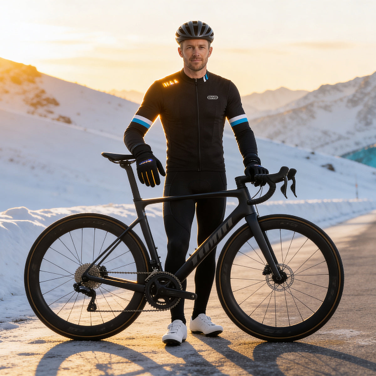 BWB Men's Black Thermal Frost performance Winter Cycling Jersey & cargo Bib Tights Set