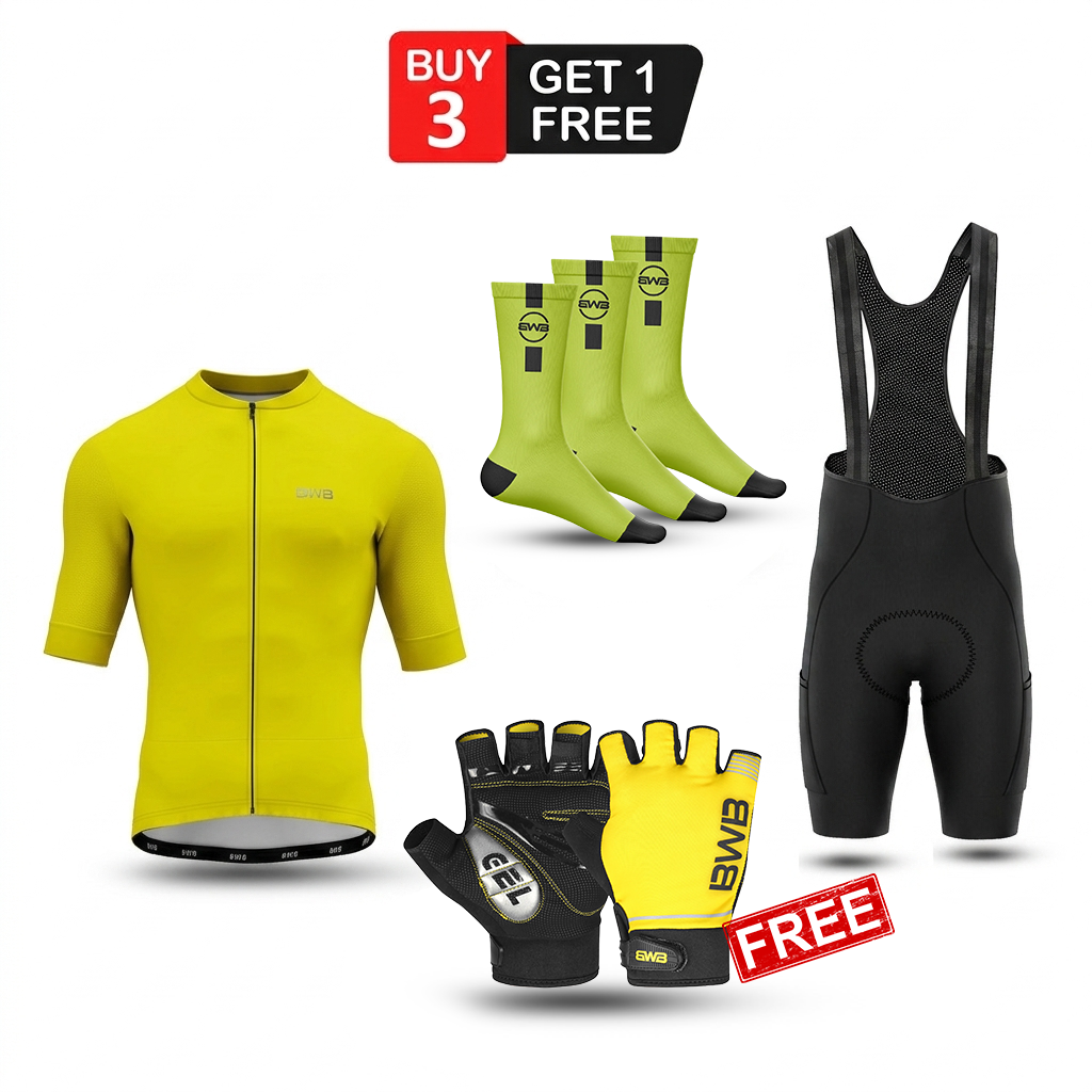 Yellow Men's Short Sleeve Cycling Jersey & Bib Shorts Set with 3 Pairs Cycling Socks & Free Fingerless Gel Padded Gloves