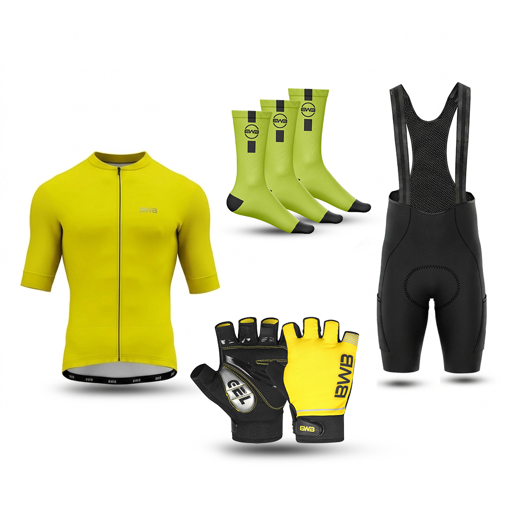 Yellow Men's Short Sleeve Cycling Jersey & Bib Shorts Set with 3 Pairs Cycling Socks & Free Fingerless Gel Padded Gloves