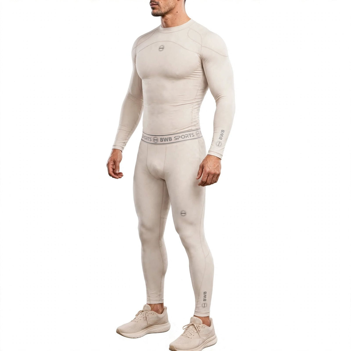 Men's Beige Long Sleeve Compression Shirt & Tights Bundle