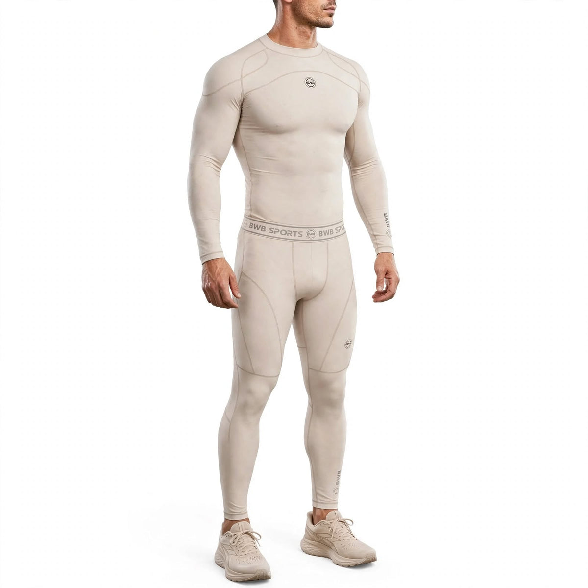Men's Beige Long Sleeve Compression Shirt & Tights Bundle