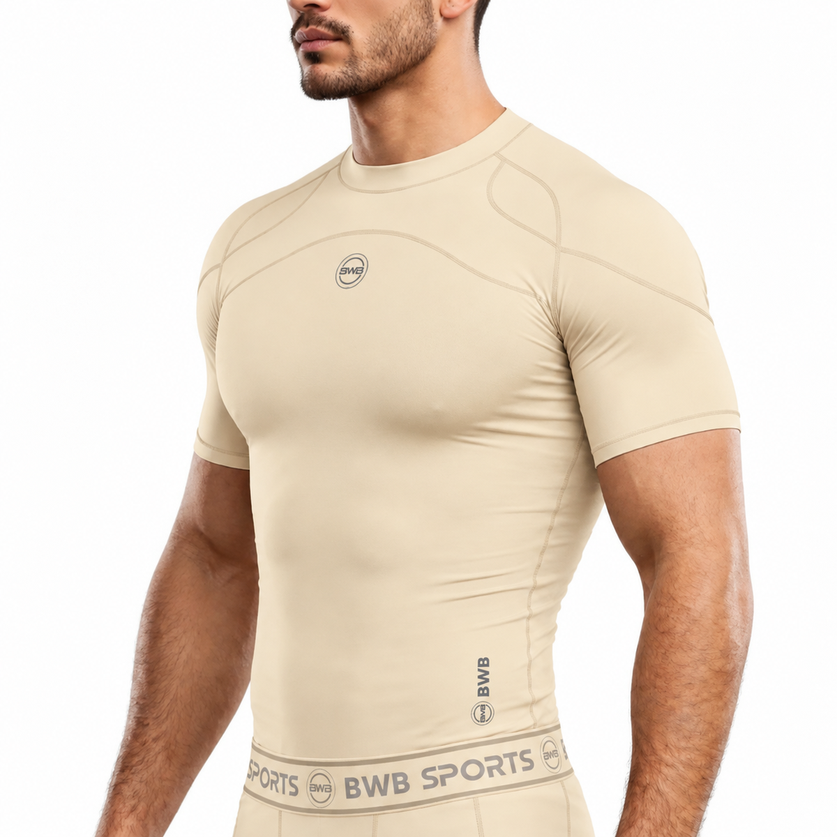 BWB Men's Beige Short Sleeve Baselayer Compression Shirt