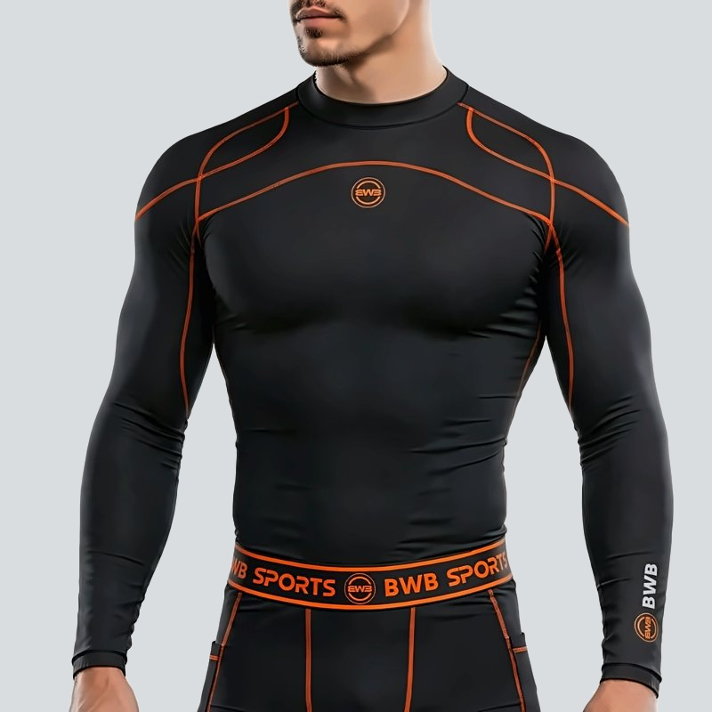 BWB Men's Black & Orange Long Sleeve Baselayer Compression Shirt