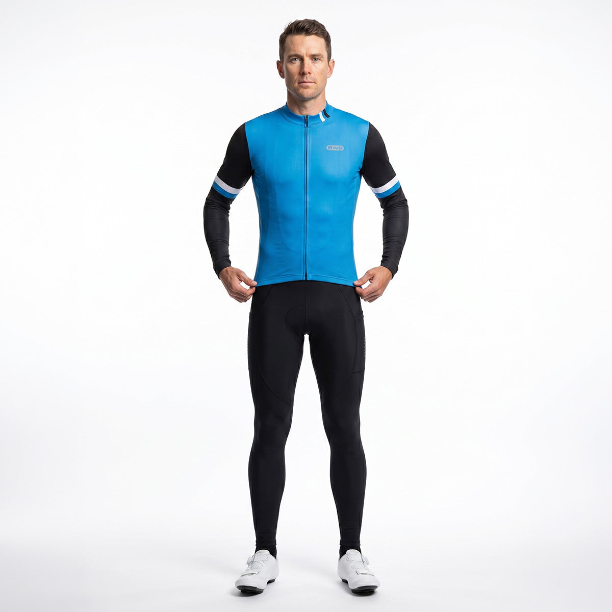 BWB Men's Blue Thermal Frost performance Winter Cycling Jersey & cargo Bib Tights Set