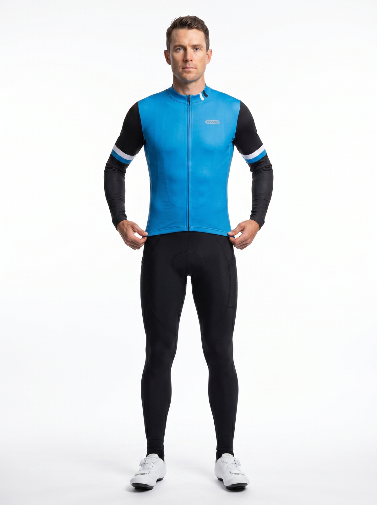 BWB Men's Blue Thermal Frost performance Winter Cycling Jersey & cargo Bib Tights Set