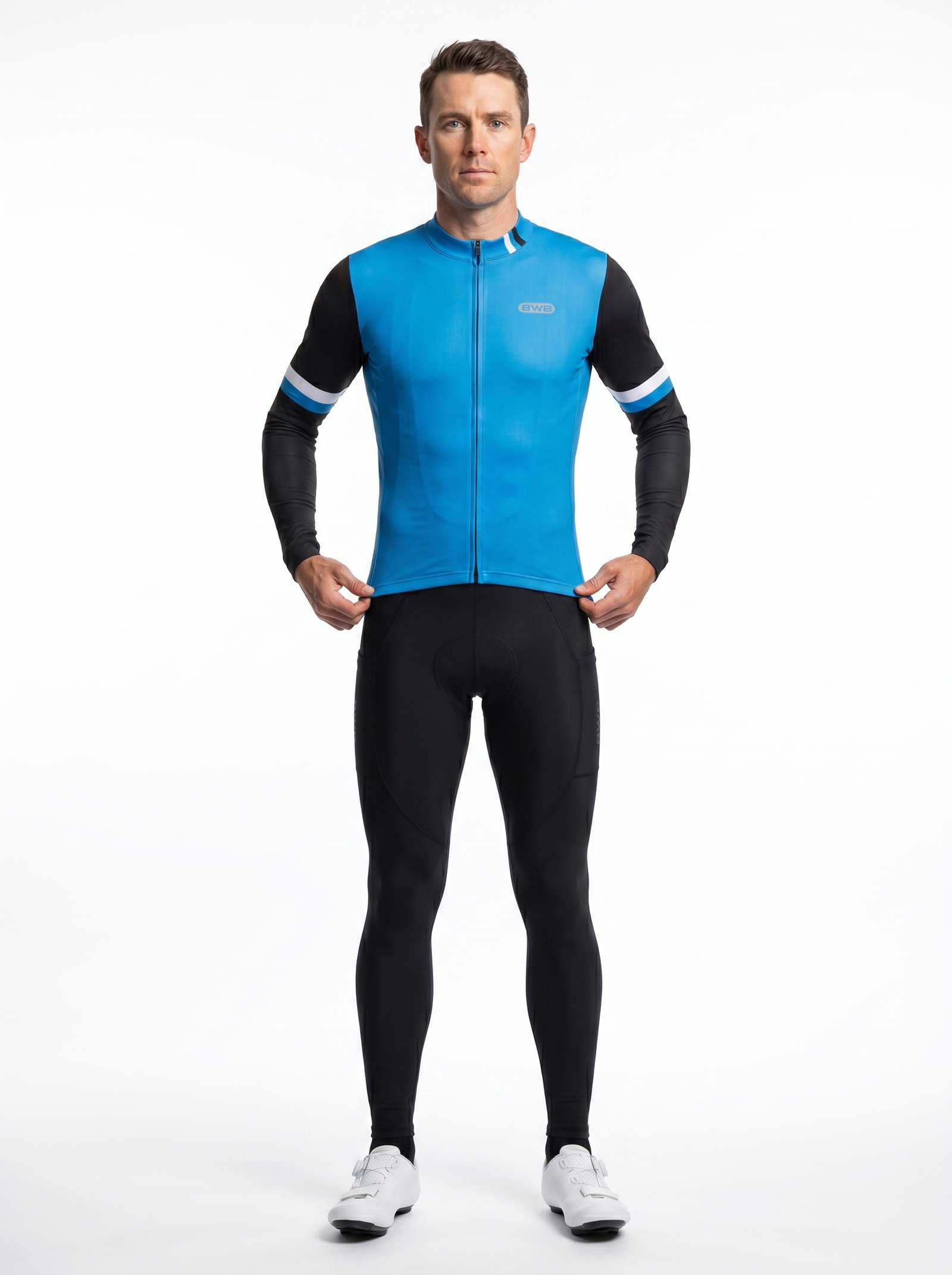 BWB Men's Blue Thermal Frost performance Winter Cycling Jersey & cargo Bib Tights Set