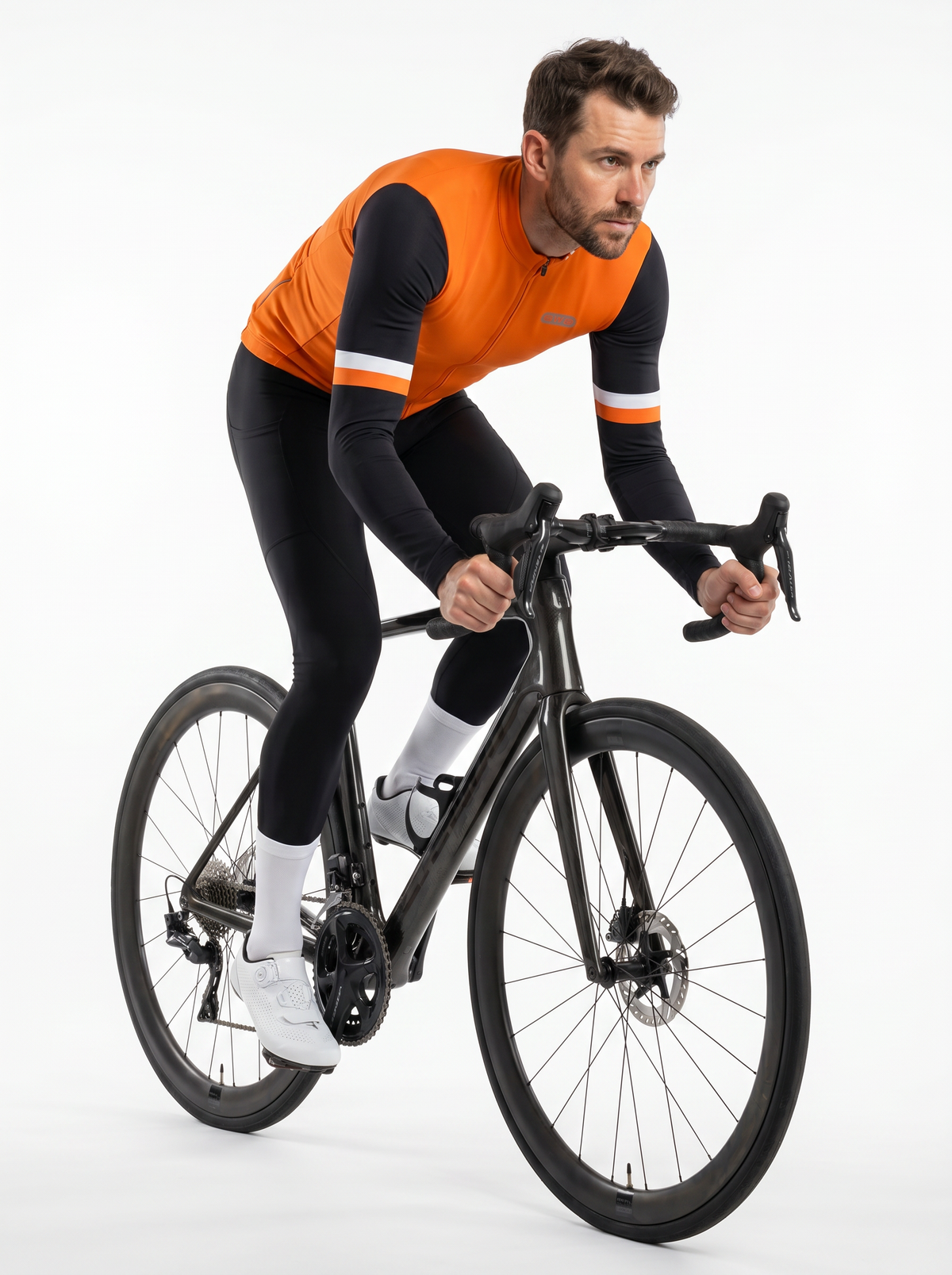 BWB Men's Orange Thermal Frost performance Winter Cycling Jersey & cargo Bib Tights Set