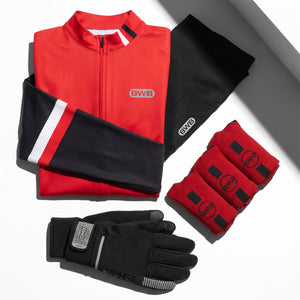 BWB Men's Red Thermal Frost performance Winter Cycling Jersey & cargo Bib Tights Set