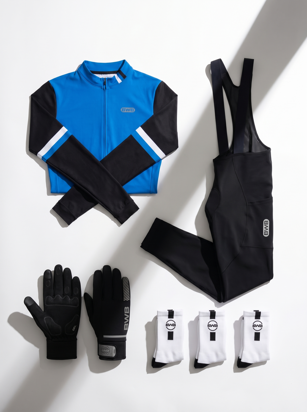 BWB Men's Blue Thermal Frost performance Winter Cycling Jersey & cargo Bib Tights Set