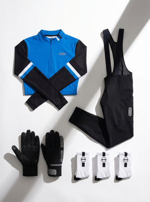 BWB Men's Blue Thermal Frost performance Winter Cycling Jersey & cargo Bib Tights Set