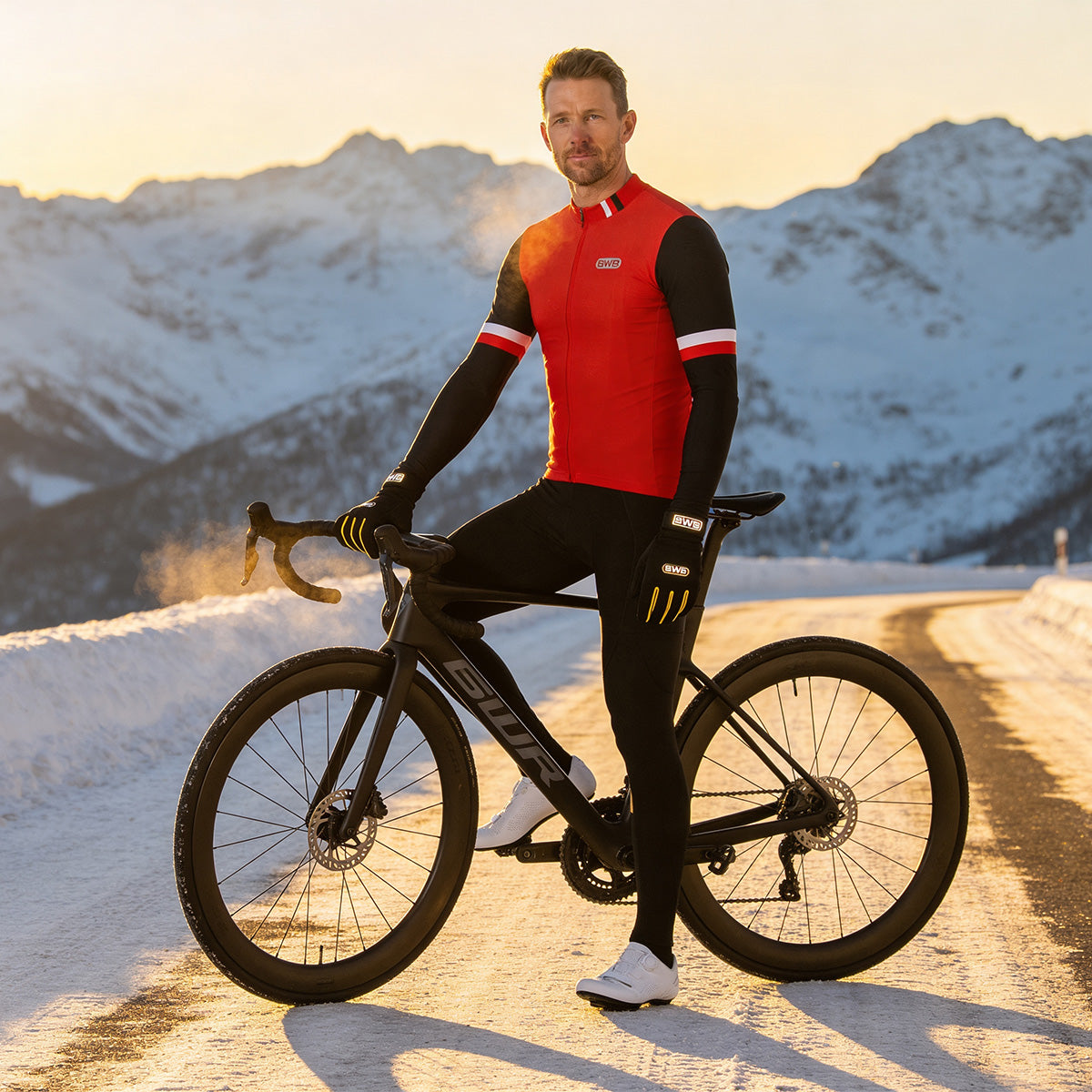 BWB Men's Red Thermal Frost performance Long Sleeve Winter Cycling Jersey