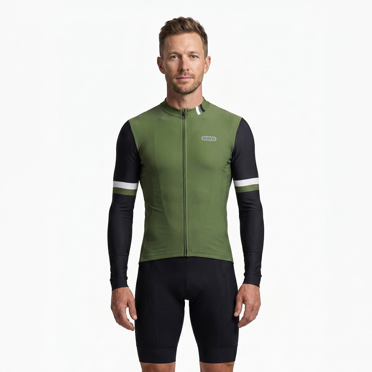 BWB Men's Green Thermal Frost performance Long Sleeve Winter Cycling Jersey