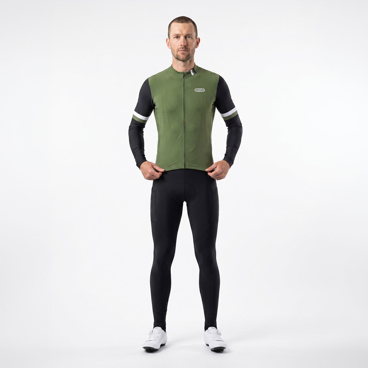 BWB Men's Green Thermal Frost performance Long Sleeve Winter Cycling Jersey