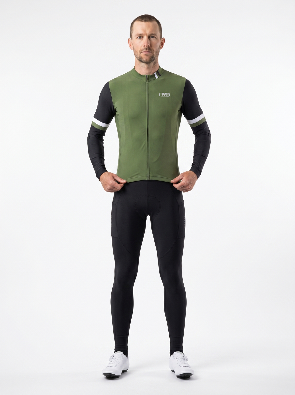 BWB Men's Green Thermal Frost performance Winter Cycling Jersey & cargo Bib Tights Set