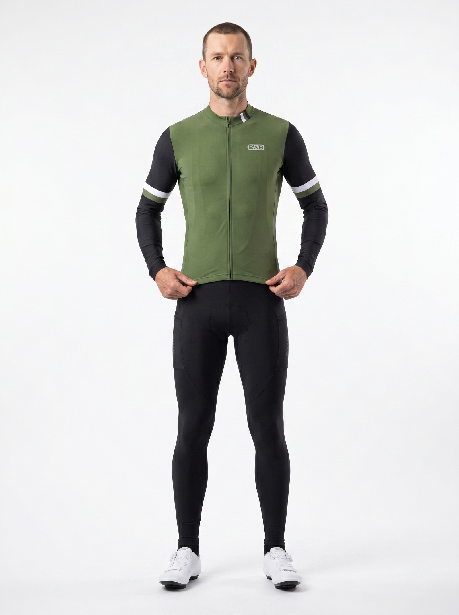 BWB Men's Green Thermal Frost performance Winter Cycling Jersey & cargo Bib Tights Set