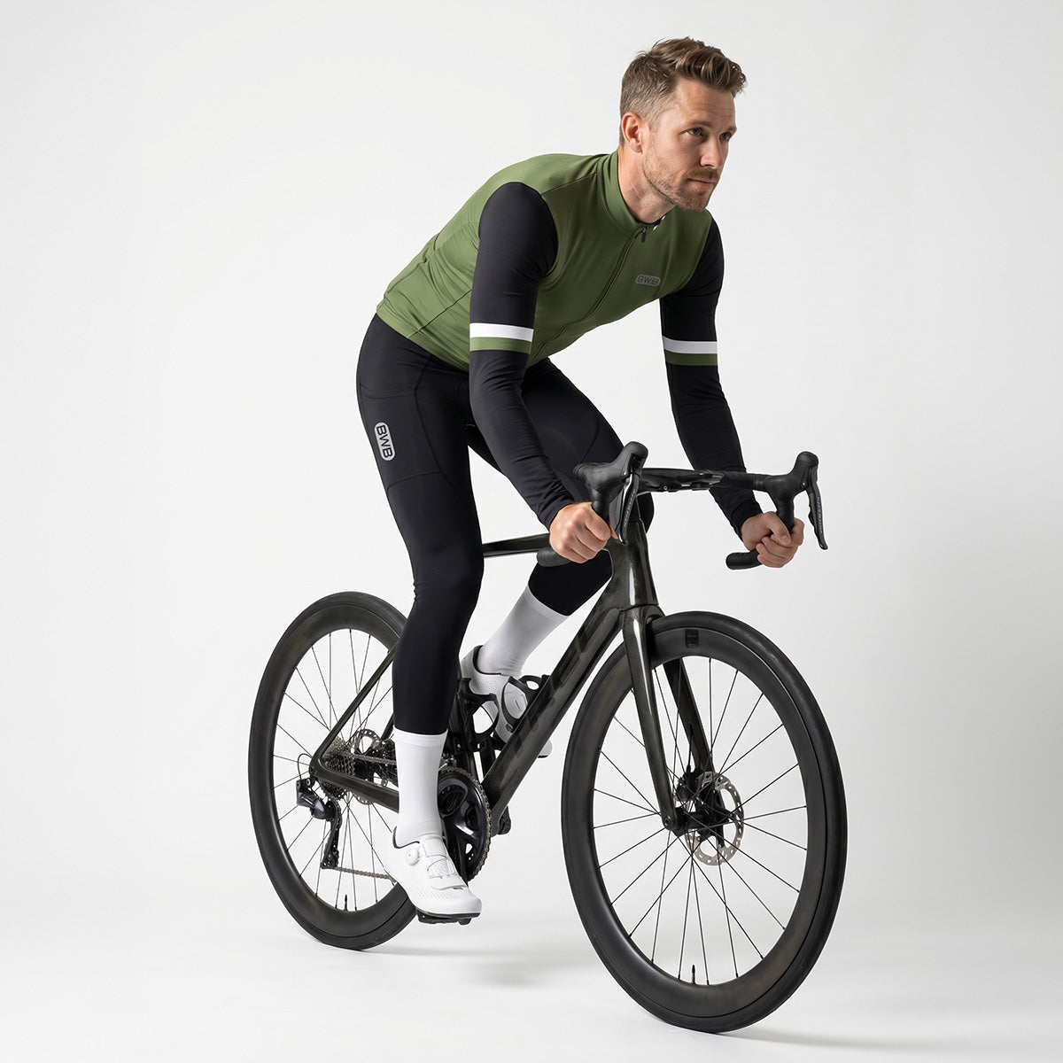 BWB Men's Green Thermal Frost performance Long Sleeve Winter Cycling Jersey