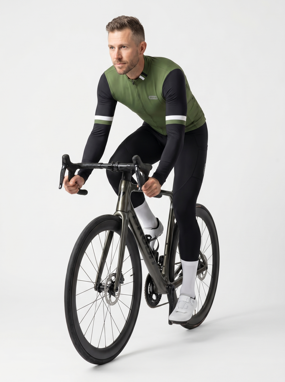 BWB Men's Green Thermal Frost performance Winter Cycling Jersey & cargo Bib Tights Set