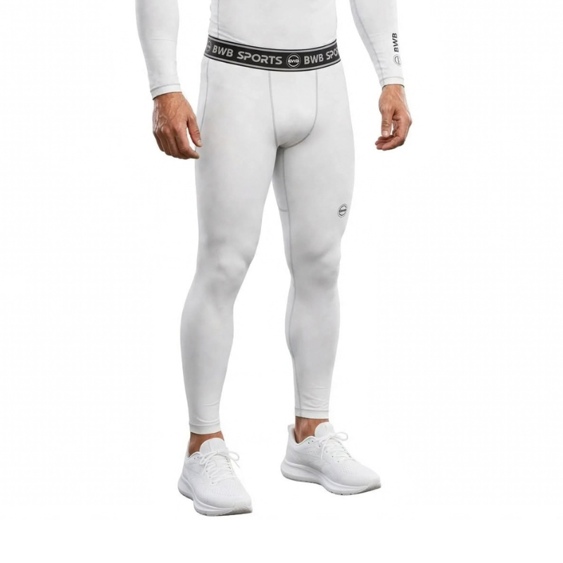 BWB Men's White Baselayer Compression Leggings