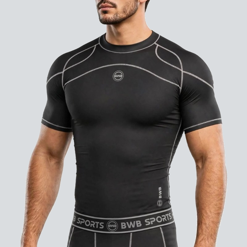BWB Men's Black & White Short Sleeve Baselayer Compression Shirt